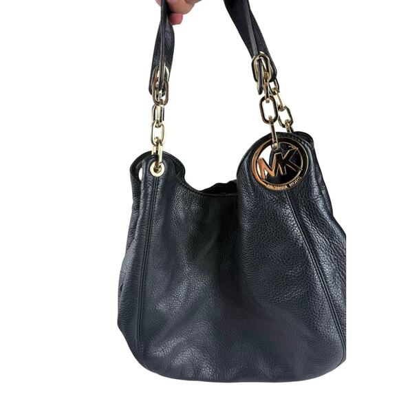 Michael Kors MK FULTON Shoulder Bag Tote Large Black Leather Gold Hardware - Picture 3 of 8